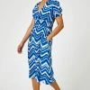 Roman Blue Abstract Zig Zag Pocket Detail Tea Dress