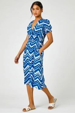 Roman Blue Abstract Zig Zag Pocket Detail Tea Dress