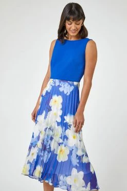 Roman Blue Floral Print Fit & Flare Dress