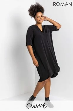 Roman Black Curve Notch Neck Tunic Dress