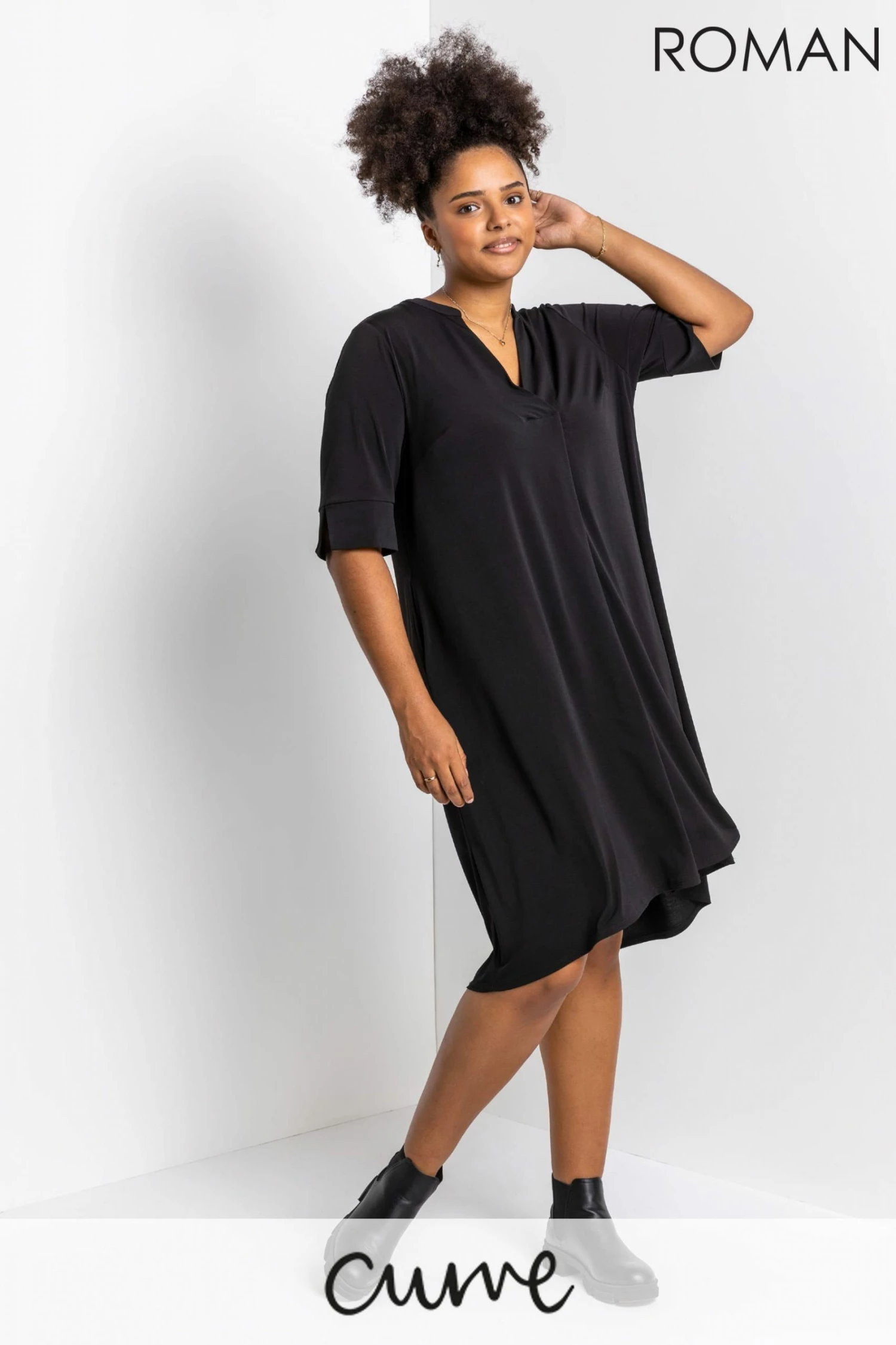 Roman Black Curve Notch Neck Tunic Dress 3 Roman Black Curve Notch Neck Tunic Dress