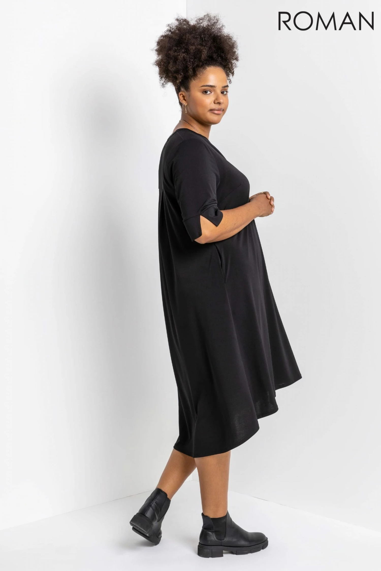 Roman Black Curve Notch Neck Tunic Dress 4 Roman Black Curve Notch Neck Tunic Dress - Image 2