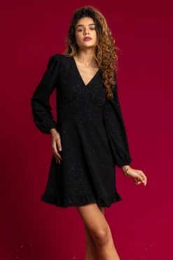 Roman Black Glitter Crepe Frill Hem Dress -Roman Sales Shop unnamed file 3265