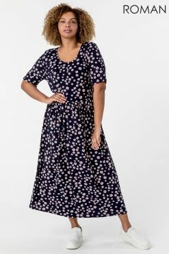 Roman Navy Curve Ditsy Floral Print Midi Dress -Roman Sales Shop unnamed file 3270