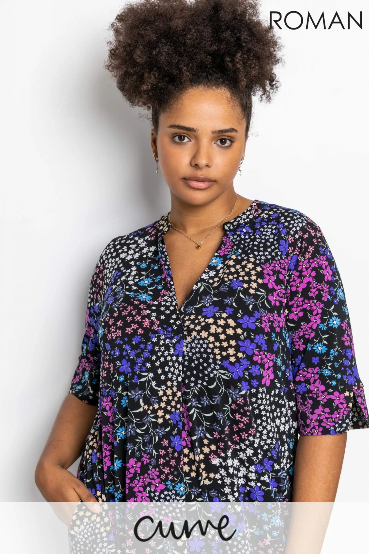 Roman Blue Curve Patchwork Floral Tunic Dress 3 Roman Blue Curve Patchwork Floral Tunic Dress