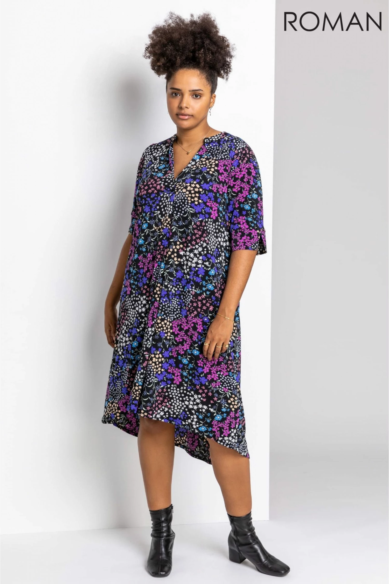 Roman Blue Curve Patchwork Floral Tunic Dress 5 Roman Blue Curve Patchwork Floral Tunic Dress - Image 3