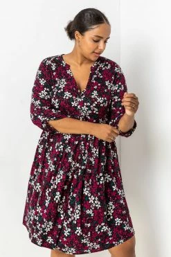 Roman Red Curve Floral Print Gathered Waist Dress