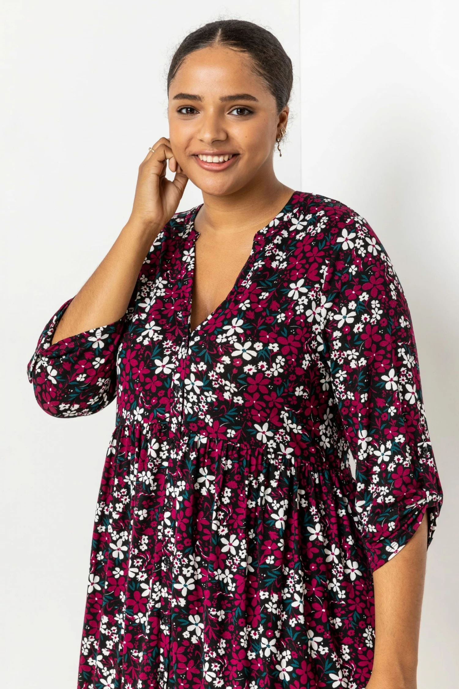 Roman Red Curve Floral Print Gathered Waist Dress 6 Roman Red Curve Floral Print Gathered Waist Dress - Image 4