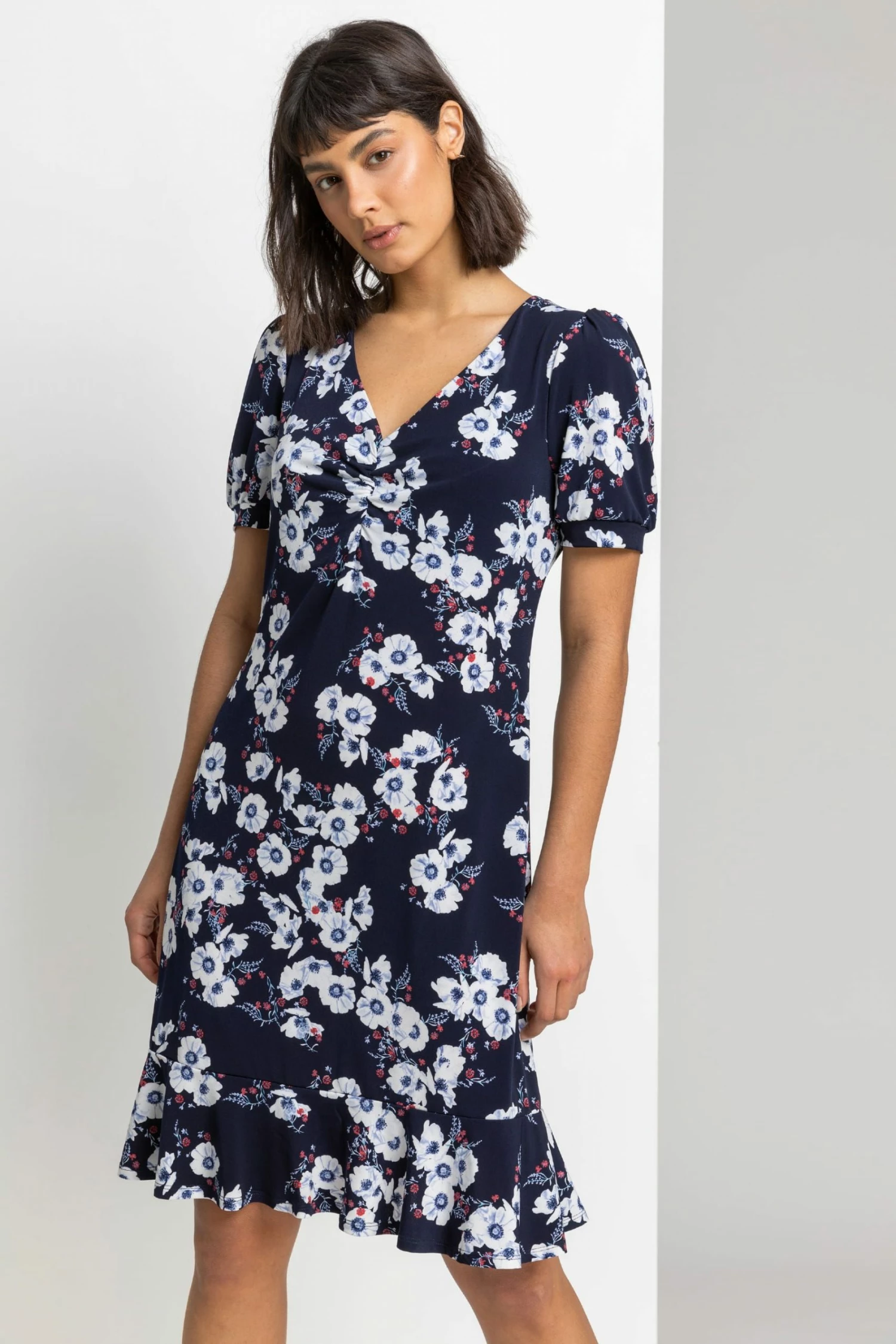 Roman Blue Floral Print Frill Hem Tea Dress 3 Roman Blue Floral Print Frill Hem Tea Dress
