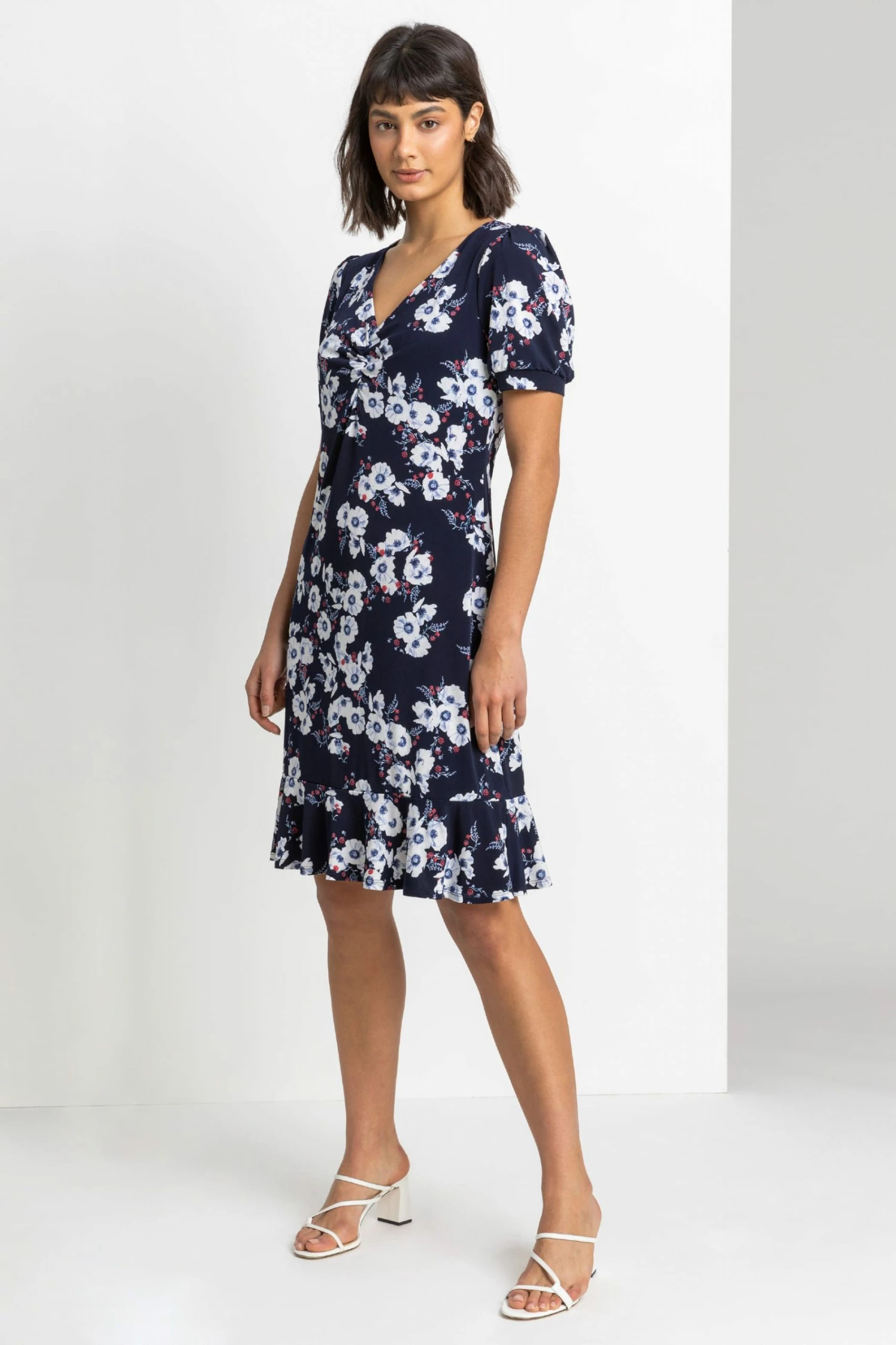 Roman Blue Floral Print Frill Hem Tea Dress 5 Roman Blue Floral Print Frill Hem Tea Dress - Image 3