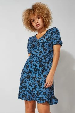Roman Blue Floral Print Ruched V Neck Skater Dress