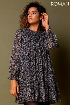 Roman Black Paisley Foil Print Tunic Dress