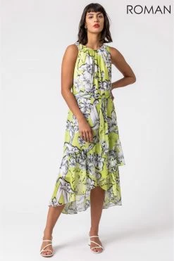 Roman Green Floral Tie Waist Dipped Hem Dress -Roman Sales Shop unnamed file 3324