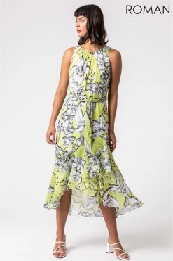 Roman Green Floral Tie Waist Dipped Hem Dress -Roman Sales Shop unnamed file 3326