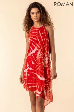 Roman Red Tie Dye Halter Neck Midi Dress