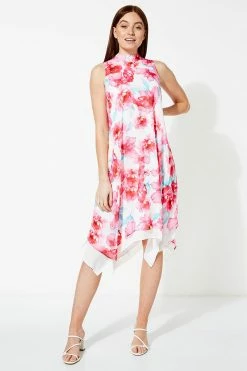 Roman Pink High Neck Floral Print Swing Dress