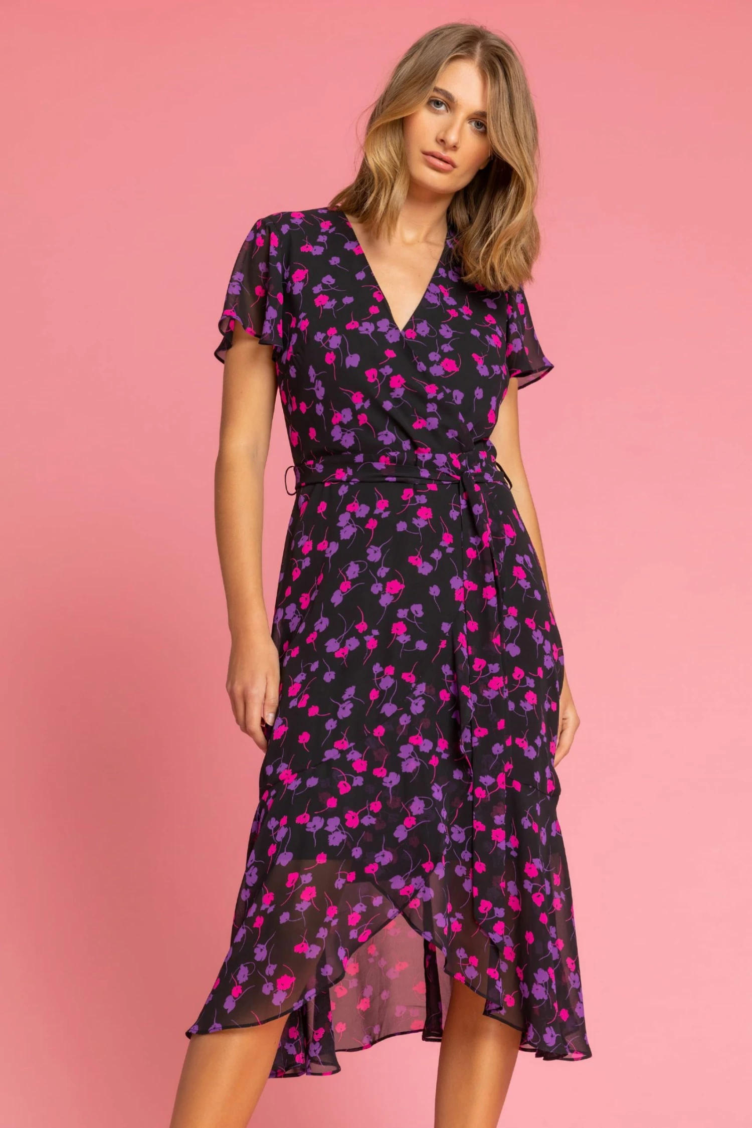 Roman Black Floral Frill Detail Wrap Dress 3 Roman Black Floral Frill Detail Wrap Dress