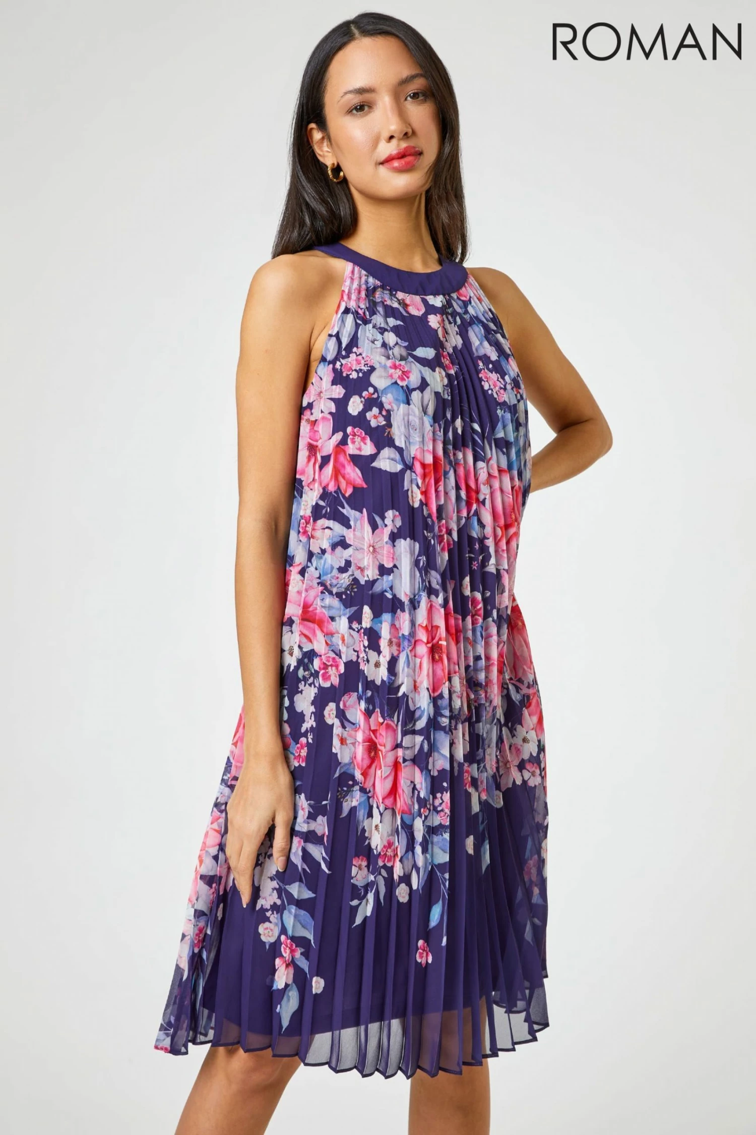 Roman Blue High Neck Floral Print Pleated Swing Dress 3 Roman Blue High Neck Floral Print Pleated Swing Dress