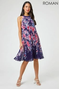 Roman Blue High Neck Floral Print Pleated Swing Dress 8 Roman Blue High Neck Floral Print Pleated Swing Dress -Roman Sales Shop unnamed file 3355