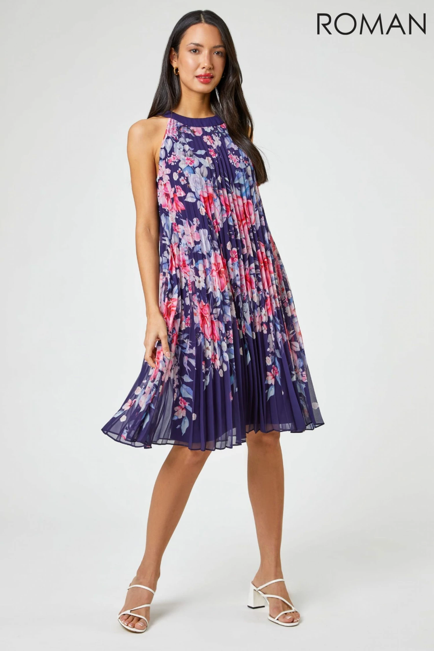 Roman Blue High Neck Floral Print Pleated Swing Dress 4 Roman Blue High Neck Floral Print Pleated Swing Dress - Image 2