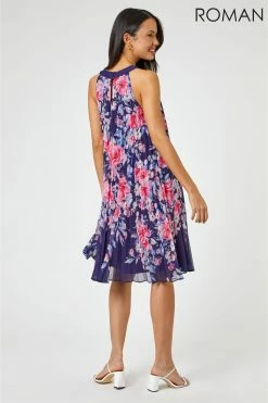 Roman Blue High Neck Floral Print Pleated Swing Dress 9 Roman Blue High Neck Floral Print Pleated Swing Dress -Roman Sales Shop unnamed file 3356