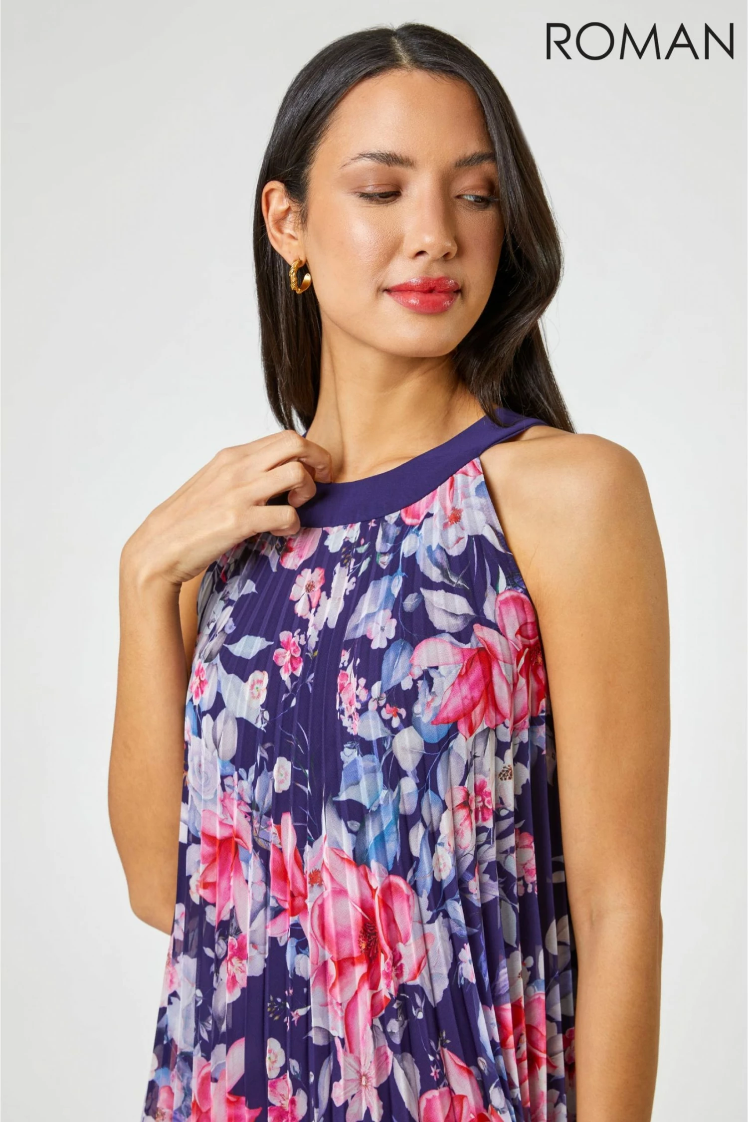 Roman Blue High Neck Floral Print Pleated Swing Dress 6 Roman Blue High Neck Floral Print Pleated Swing Dress - Image 4