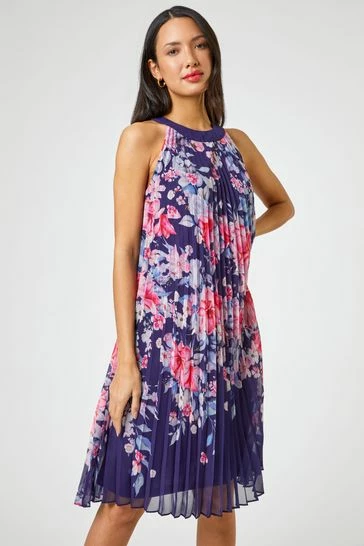 Roman Blue High Neck Floral Print Pleated Swing Dress 7 Roman Blue High Neck Floral Print Pleated Swing Dress - Image 5