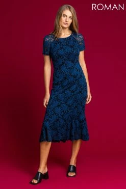 Roman Blue Palm Print Lace Fitted Dress