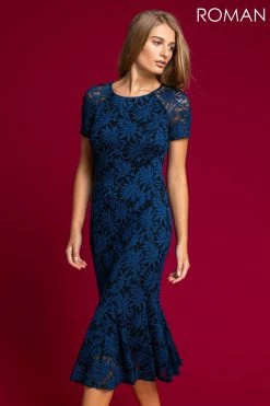 Roman Blue Palm Print Lace Fitted Dress -Roman Sales Shop unnamed file 3366