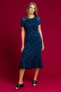 Roman Blue Palm Print Lace Fitted Dress -Roman Sales Shop unnamed file 3368