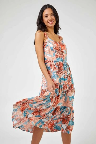 Roman Orange Tropical Floral Tiered Button Maxi Dress 7 Roman Orange Tropical Floral Tiered Button Maxi Dress - Image 5