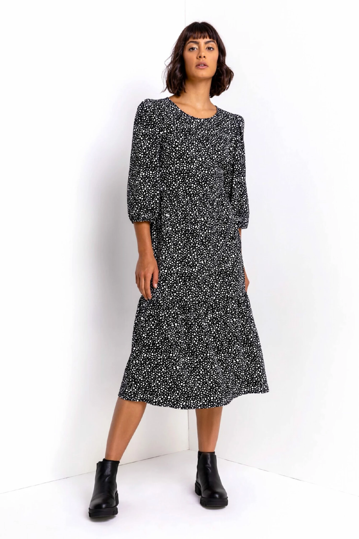 Roman Black Tiered Spot Print Midi Dress 4 Roman Black Tiered Spot Print Midi Dress - Image 2