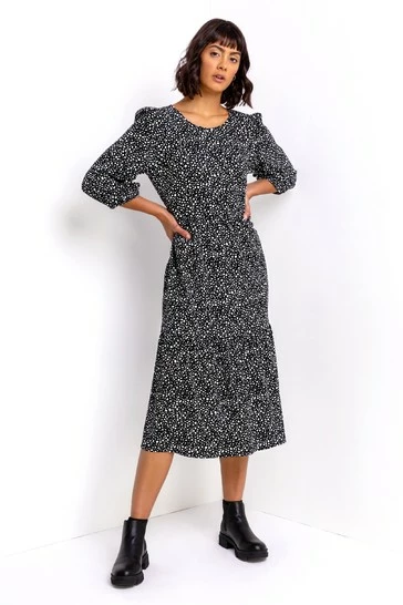 Roman Black Tiered Spot Print Midi Dress 7 Roman Black Tiered Spot Print Midi Dress - Image 5