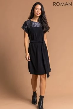Roman Black Foil Print Contrast Yoke Dress