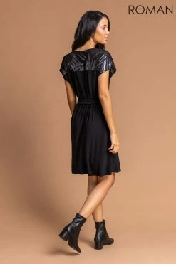 Roman Black Foil Print Contrast Yoke Dress -Roman Sales Shop unnamed file 3387