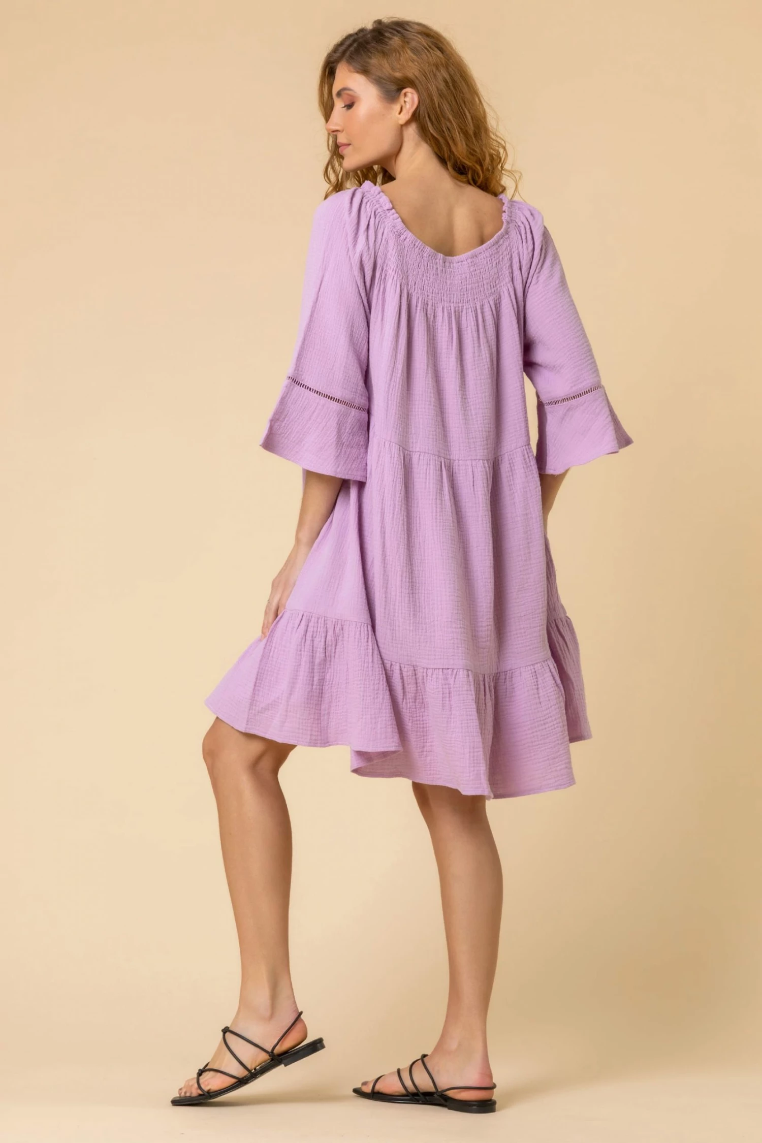 Roman Purple Tiered Cotton Tie Detail Smock Dress 4 Roman Purple Tiered Cotton Tie Detail Smock Dress - Image 2
