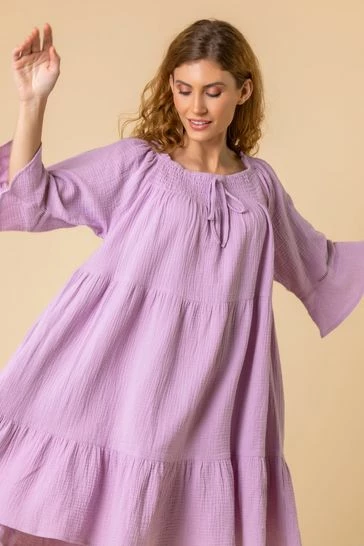 Roman Purple Tiered Cotton Tie Detail Smock Dress 7 Roman Purple Tiered Cotton Tie Detail Smock Dress - Image 5