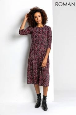 Roman Red Zig Zag Print Midi Dress