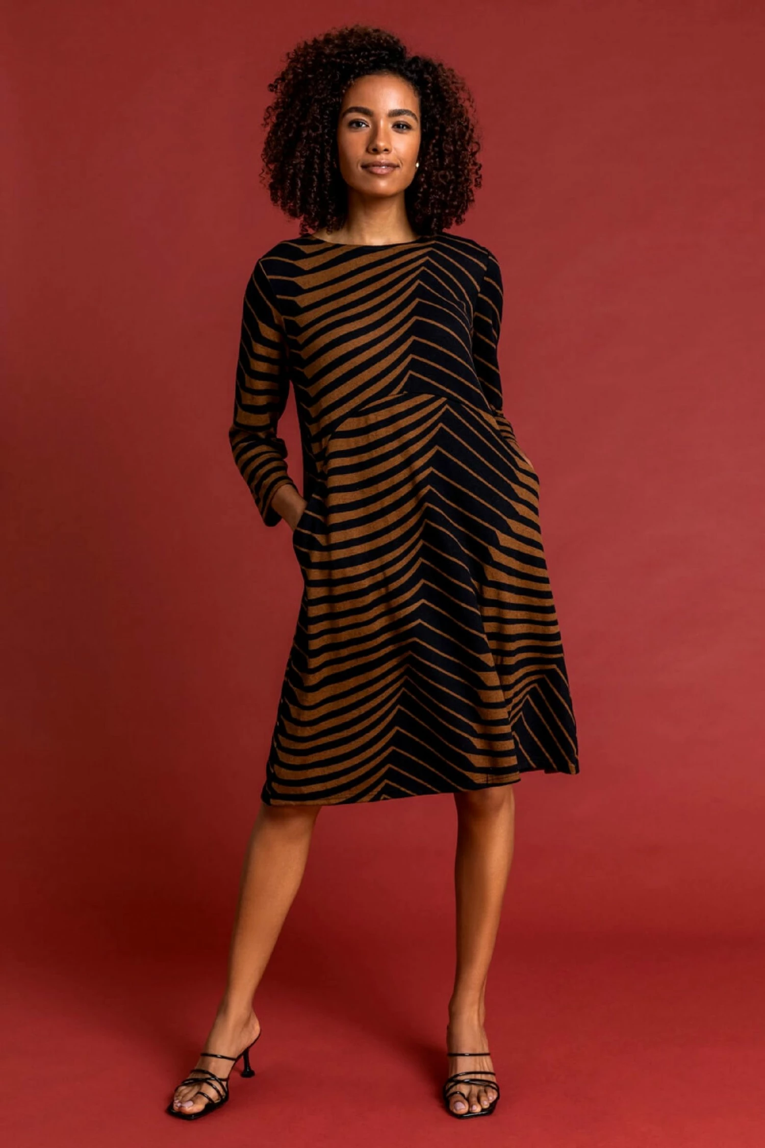 Roman Brown Abstract Print Pocket Dress 3 Roman Brown Abstract Print Pocket Dress