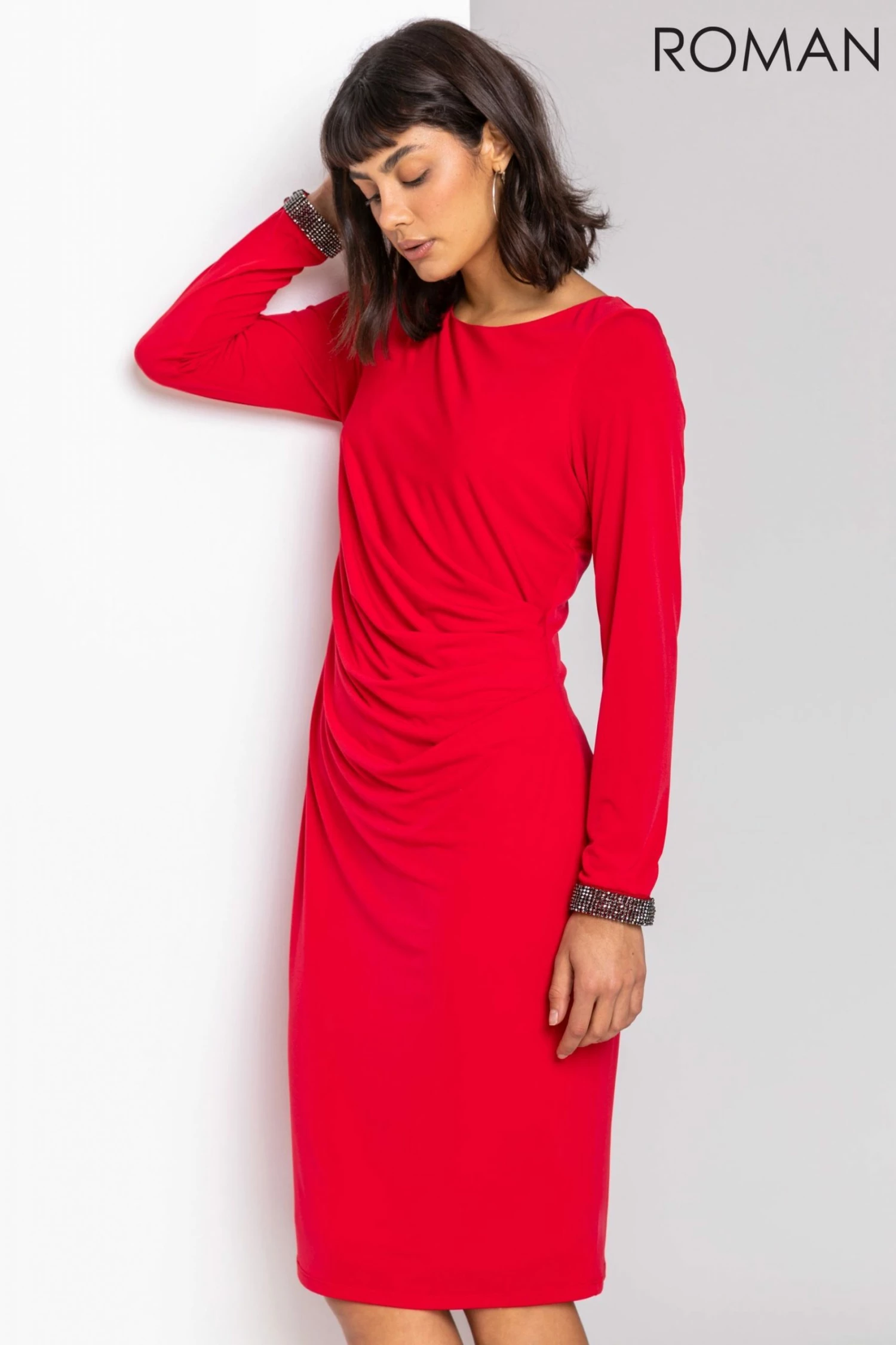 Roman Red Sparkle Embellished Ruched Dress 3 Roman Red Sparkle Embellished Ruched Dress