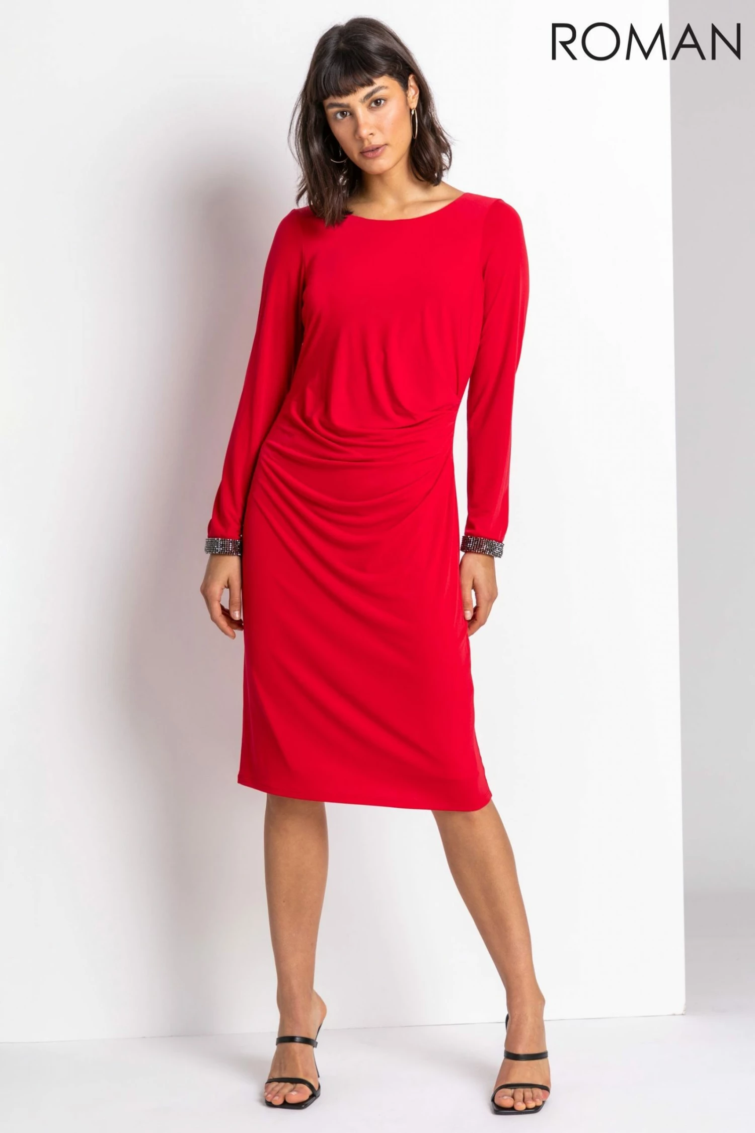 Roman Red Sparkle Embellished Ruched Dress 5 Roman Red Sparkle Embellished Ruched Dress - Image 3