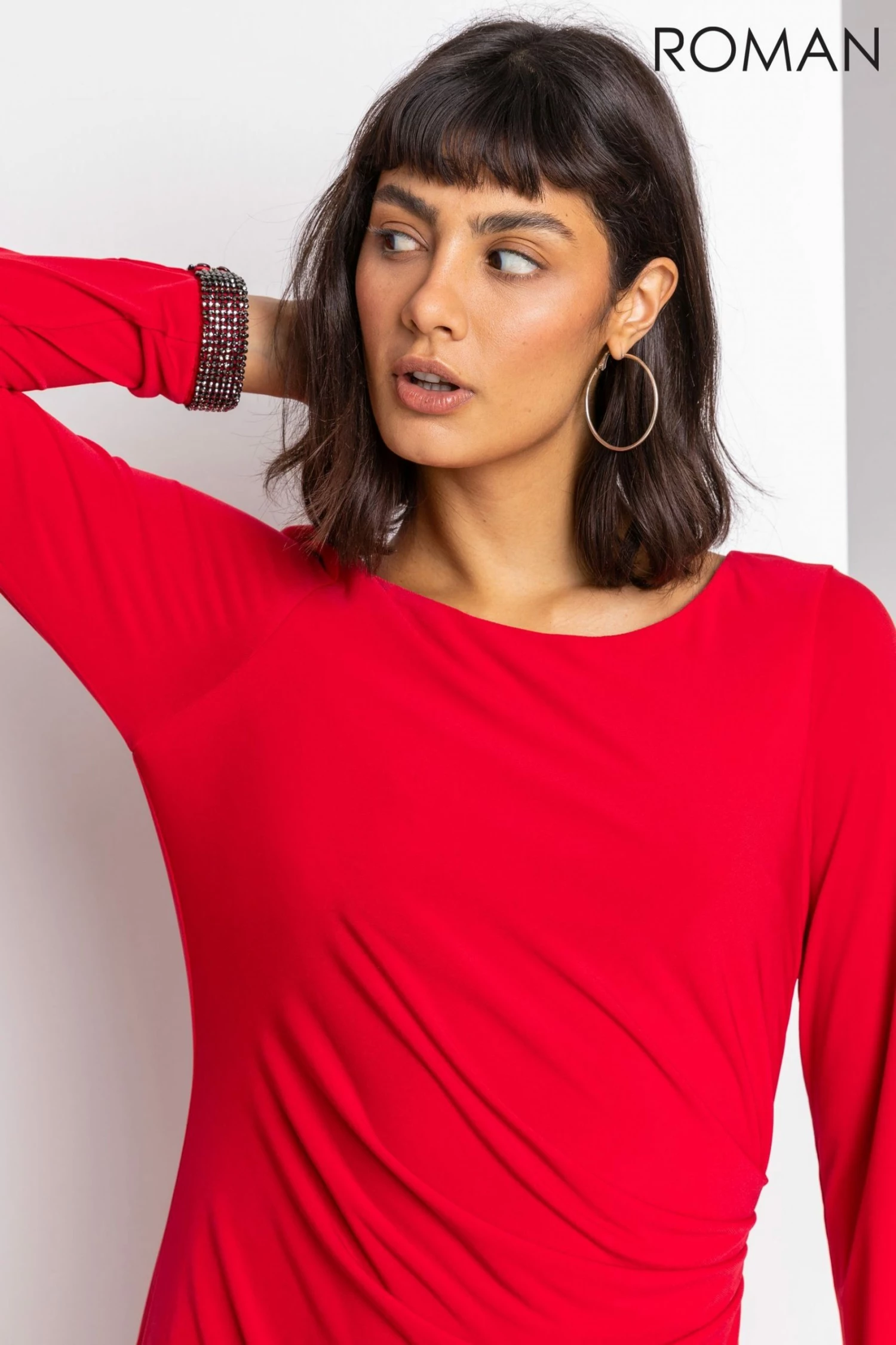 Roman Red Sparkle Embellished Ruched Dress 6 Roman Red Sparkle Embellished Ruched Dress - Image 4