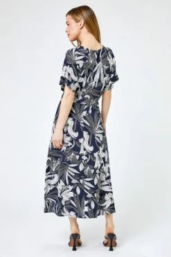 Roman Blue Petite Lily Print Ruched Midi Dress 8 Roman Blue Petite Lily Print Ruched Midi Dress -Roman Sales Shop unnamed file 3452