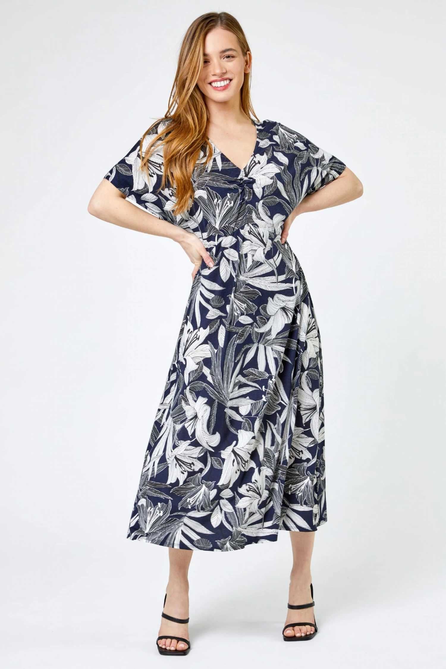 Roman Blue Petite Lily Print Ruched Midi Dress 5 Roman Blue Petite Lily Print Ruched Midi Dress - Image 3