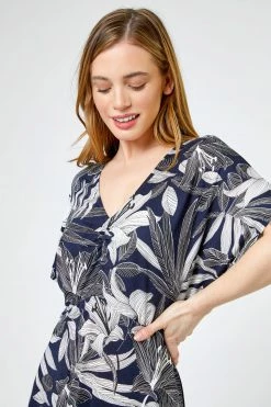 Roman Blue Petite Lily Print Ruched Midi Dress 10 Roman Blue Petite Lily Print Ruched Midi Dress -Roman Sales Shop unnamed file 3454