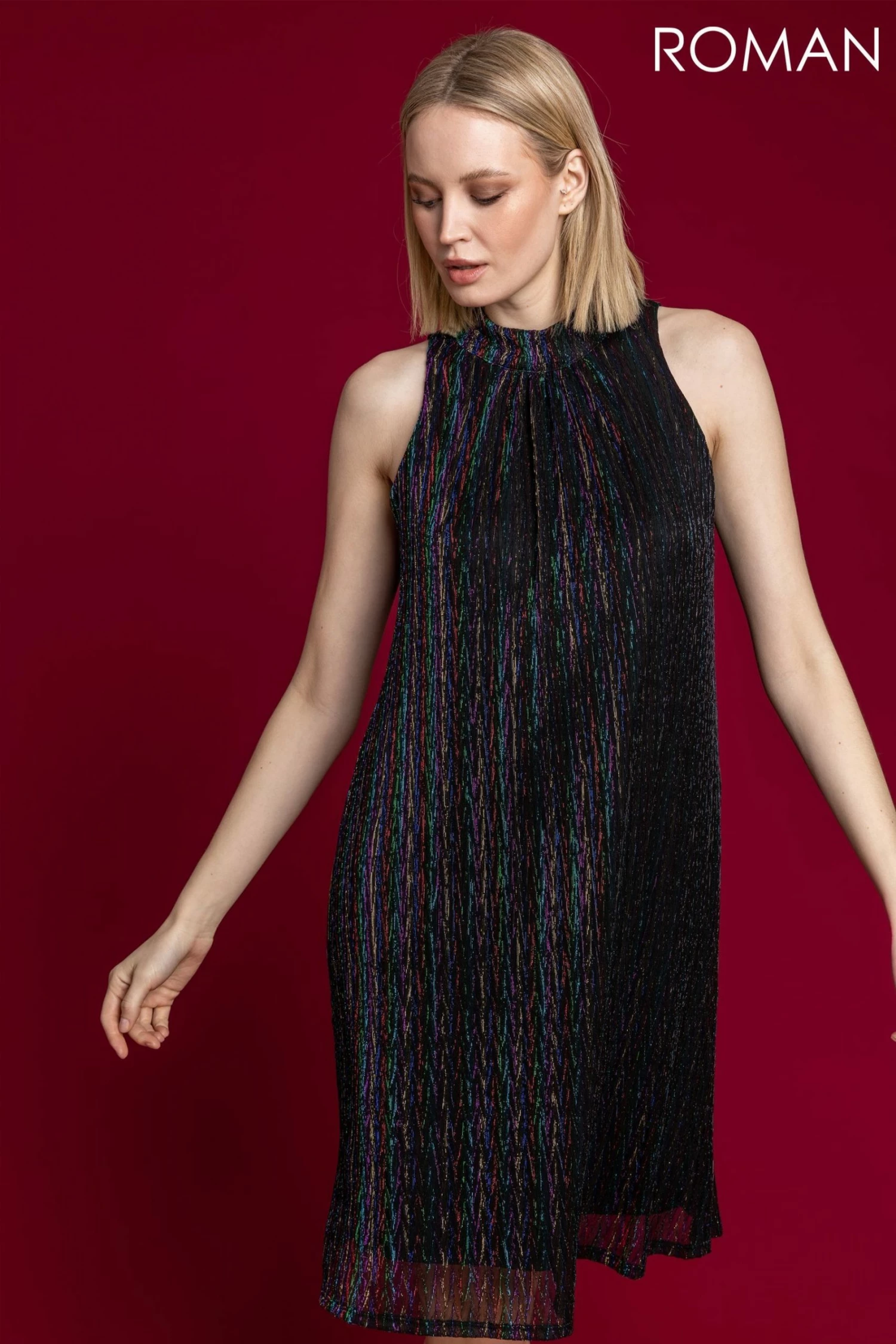 Roman Multi Shimmer Cutaway High Neck Dress 3 Roman Multi Shimmer Cutaway High Neck Dress