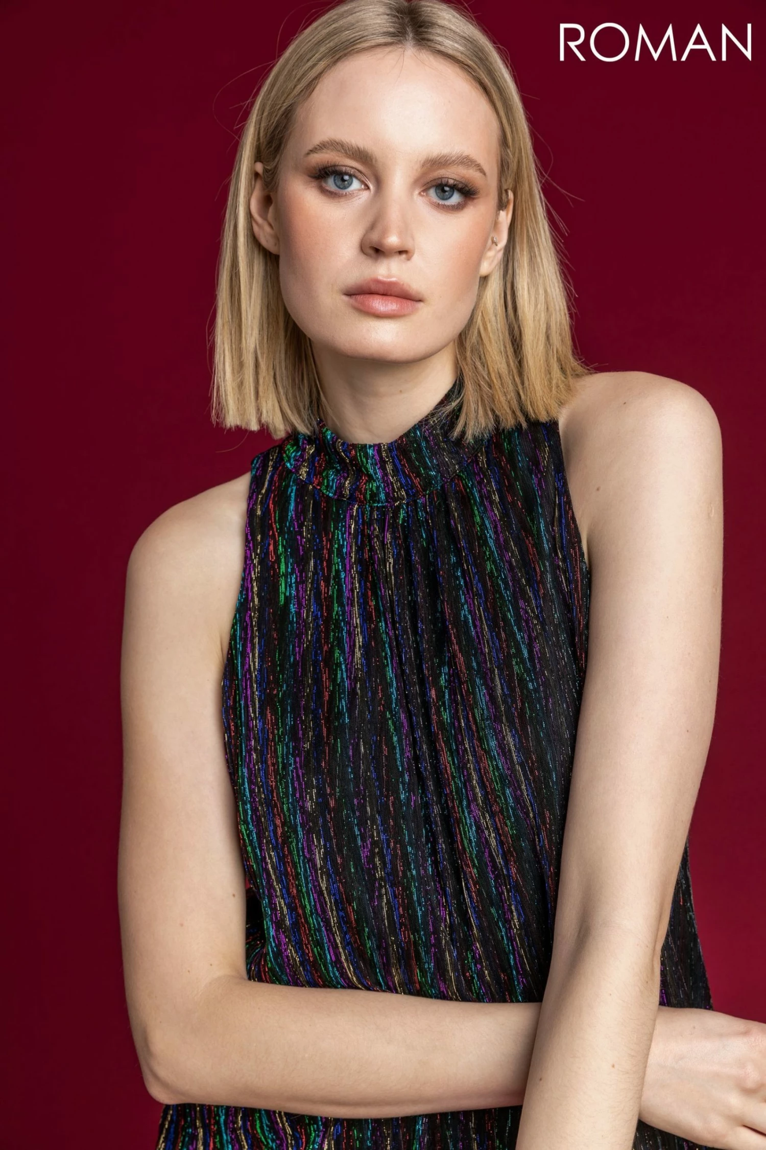 Roman Multi Shimmer Cutaway High Neck Dress 6 Roman Multi Shimmer Cutaway High Neck Dress - Image 4