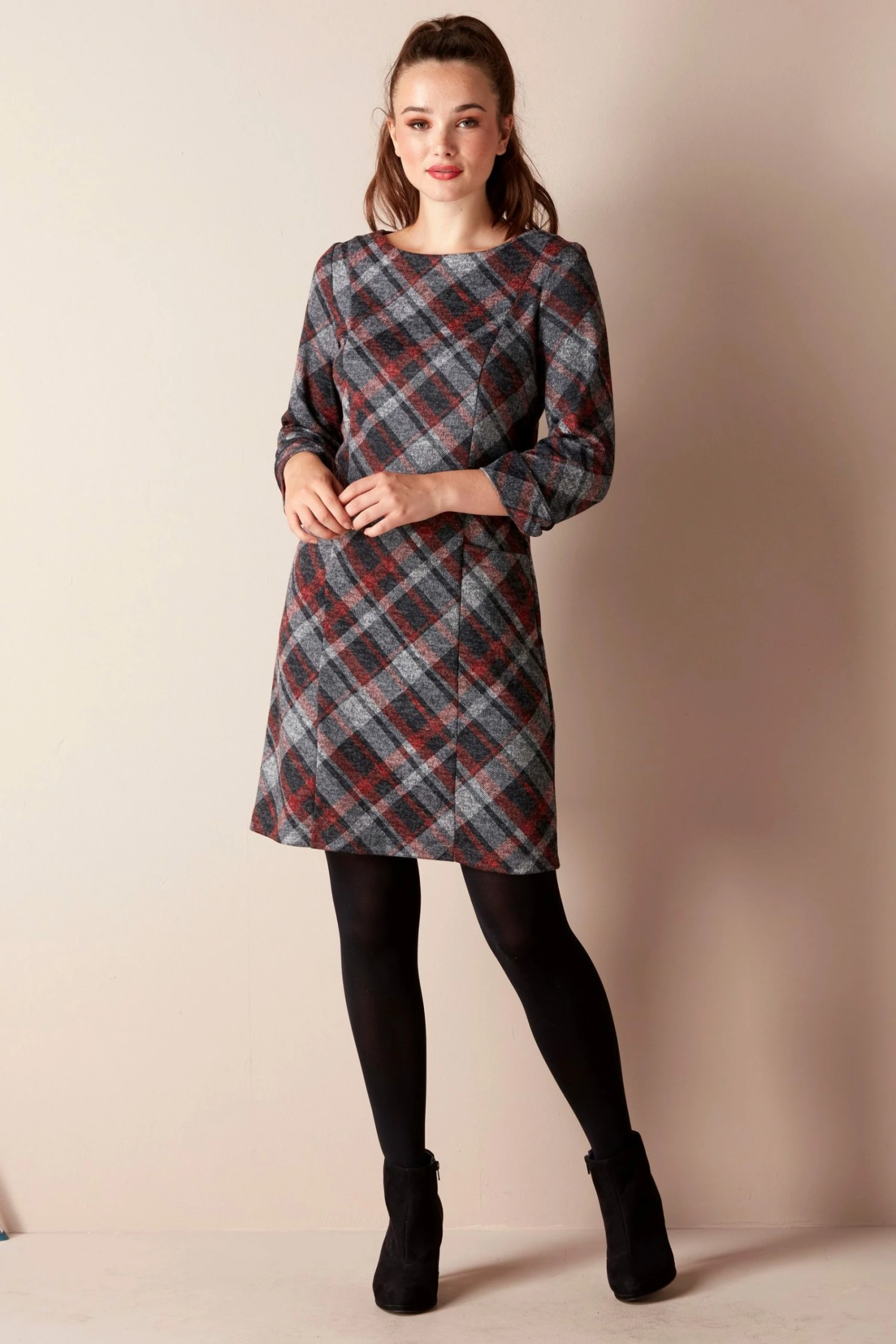 Roman Red Check Print 3/4 Sleeve Shift Dress 3 Roman Red Check Print 3/4 Sleeve Shift Dress