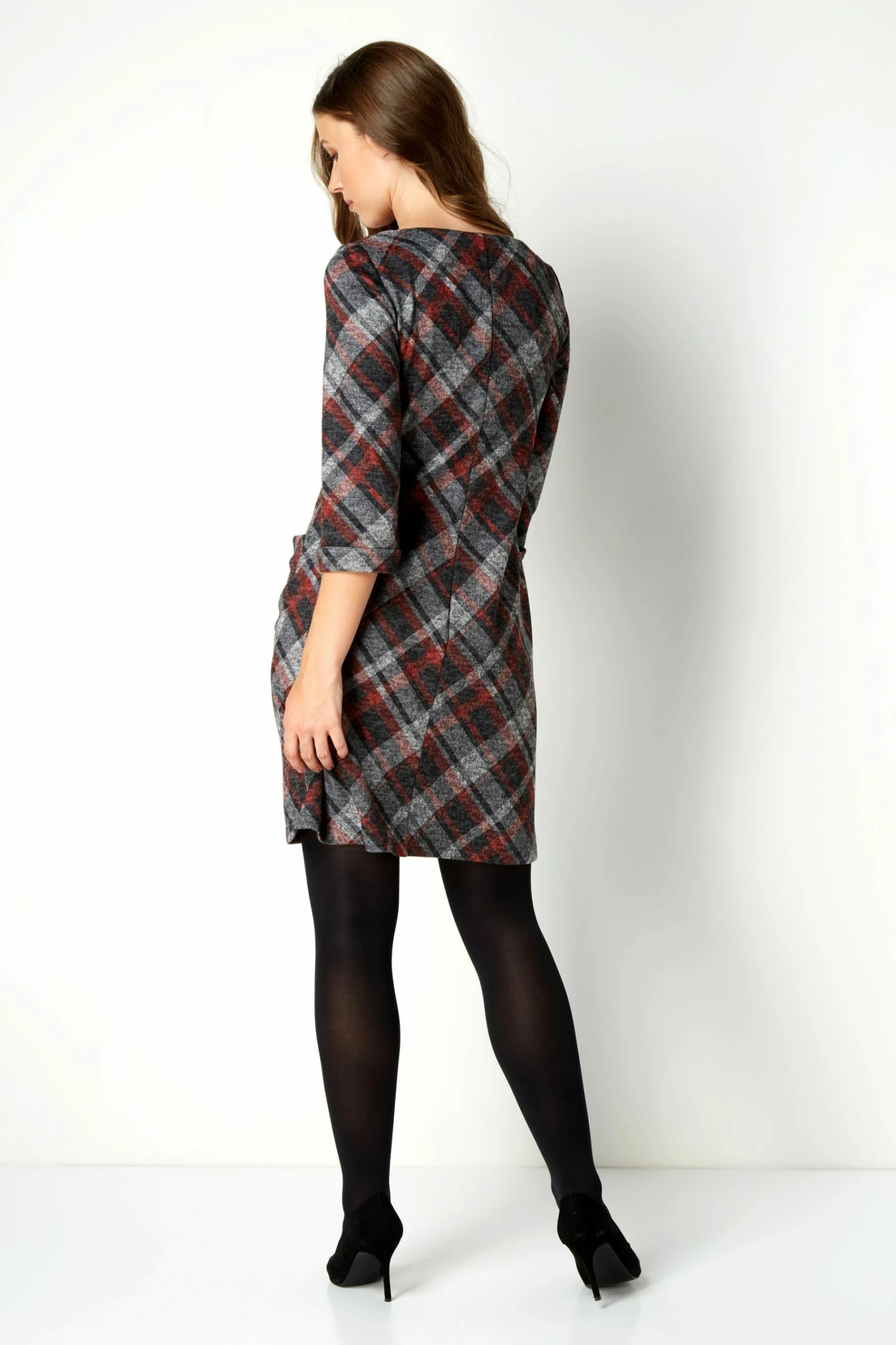 Roman Red Check Print 3/4 Sleeve Shift Dress 4 Roman Red Check Print 3/4 Sleeve Shift Dress - Image 2