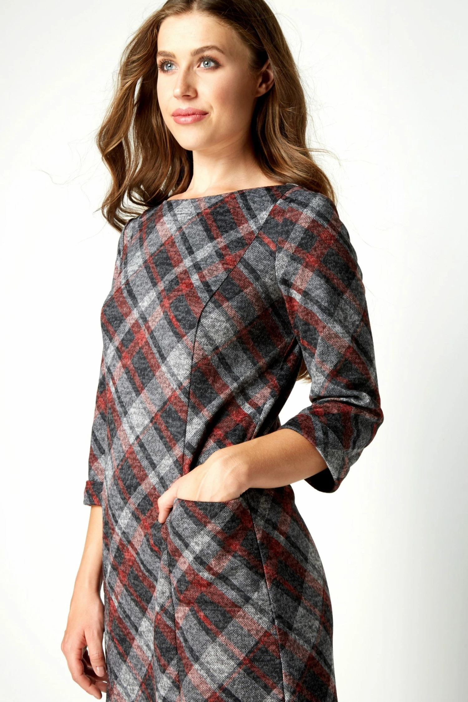 Roman Red Check Print 3/4 Sleeve Shift Dress 5 Roman Red Check Print 3/4 Sleeve Shift Dress - Image 3